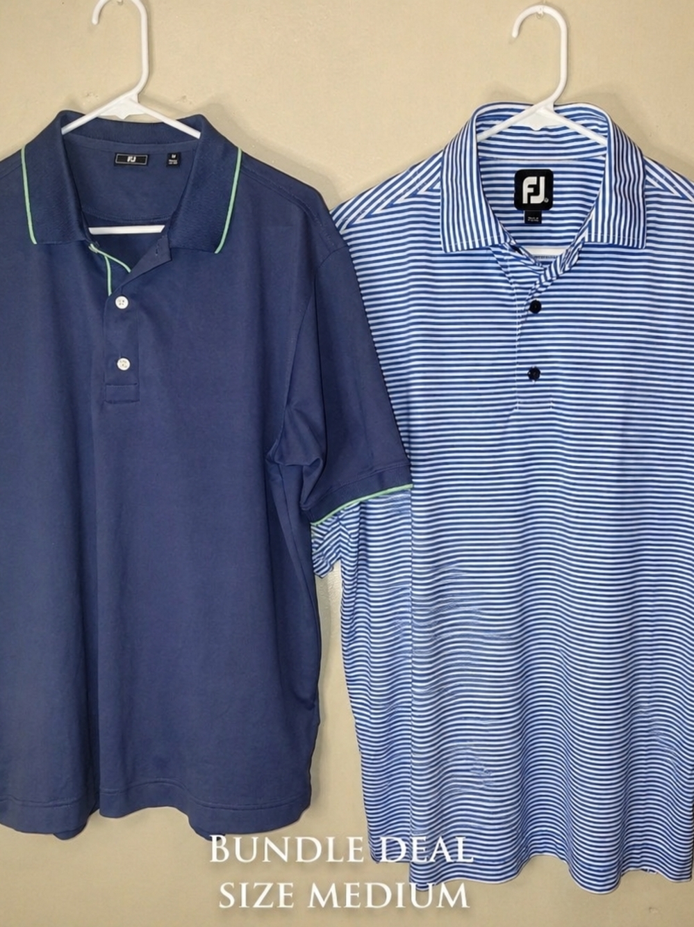 FootJoy Navy Polo with Green Trim & Light Blue Striped Polo - Men’s Medium